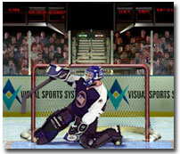 Simulated netminder makes a save in Pro Hockey Life Shoot Out at the Hockey Hall of Fame
