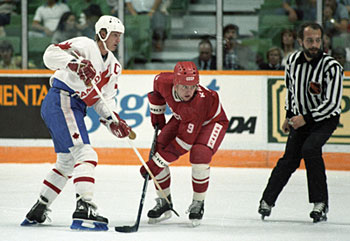 Canada's Wayne Gretzky and the Soviet Union's Vladimir Krutov in action at the 1984 Canada Cup.