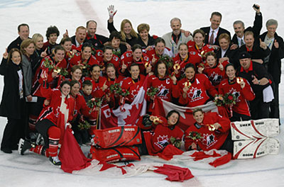 Canadian players celebrating after a goal against Sweden in the gold medal game at the 2006 Olympic Winter Games in Turin, Italy