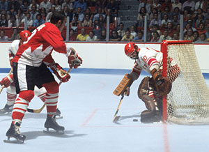 Canada's Frank Mahovlich with a scoring chance against Vladislav Tretiak of the Soviet Union during Game 1 action of the 1972 Summit Series at The Forum in Montreal on September 2, 1972.
