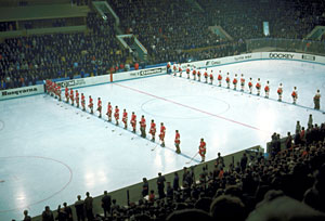 Canada and the Soviet Union get set to battle in Game 8 of the 1972 Summit Series at the Luzhniki Ice Palace in Moscow on September 28, 1972.