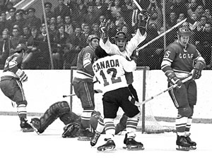 Canada's Paul Henderson celebrates after scoring the 1972 Summit Series winning-goal against the Soviet Union in Game 8 at the Luzhniki Ice Palace in Moscow on September 28, 1972.