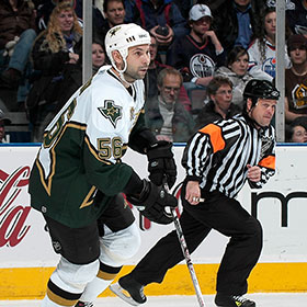 Sergei Zubov carries the puck during a game on January 4, 2007 at Rexall Place in Edmonton, Alberta, Canada (Andy Devlin/HHOF).