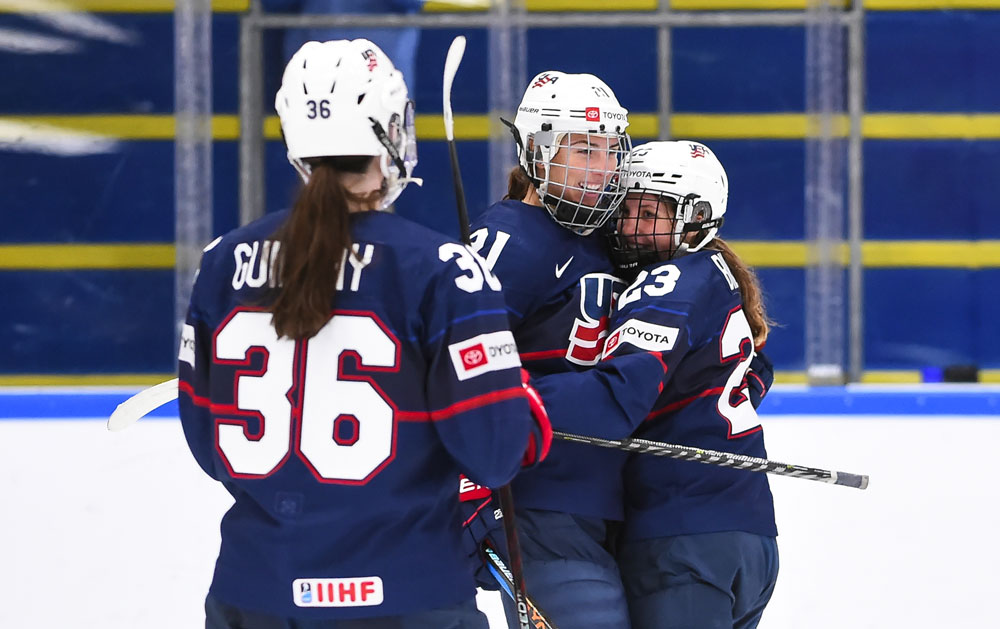 USA’s Hilary Knight is congratulated after becoming the new all-time points leader at the IIHF Ice Hockey Women’s World Championship.