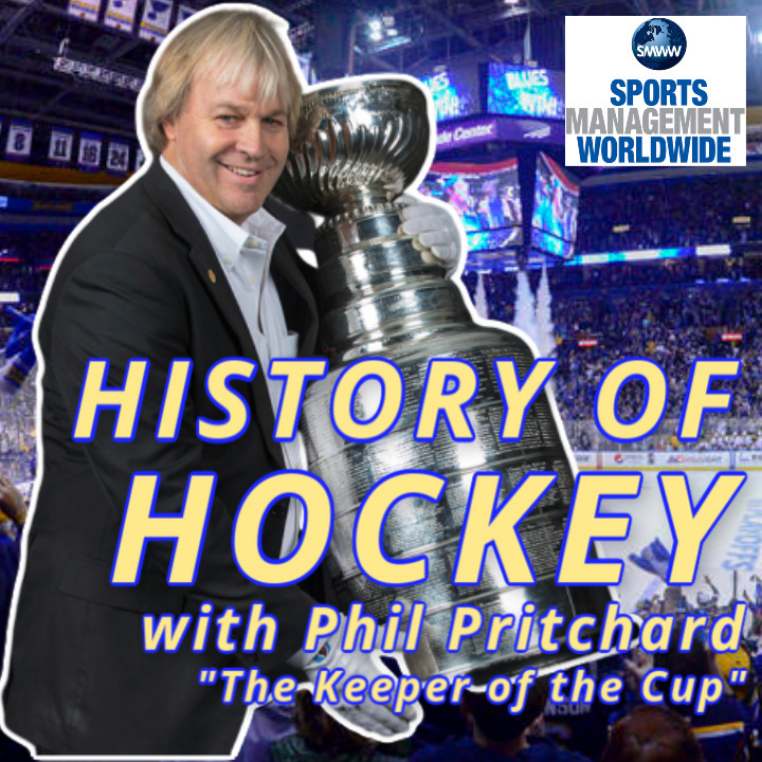 On the backdrop of an NHL hockey arena, Phil Pritchard holds the Stanley Cup. Yellow text overlay says: History of Hockey with Phil Pritchard 'The Keeper of the Cup'. Sports Management Worldwide's logo is in the top right corner.