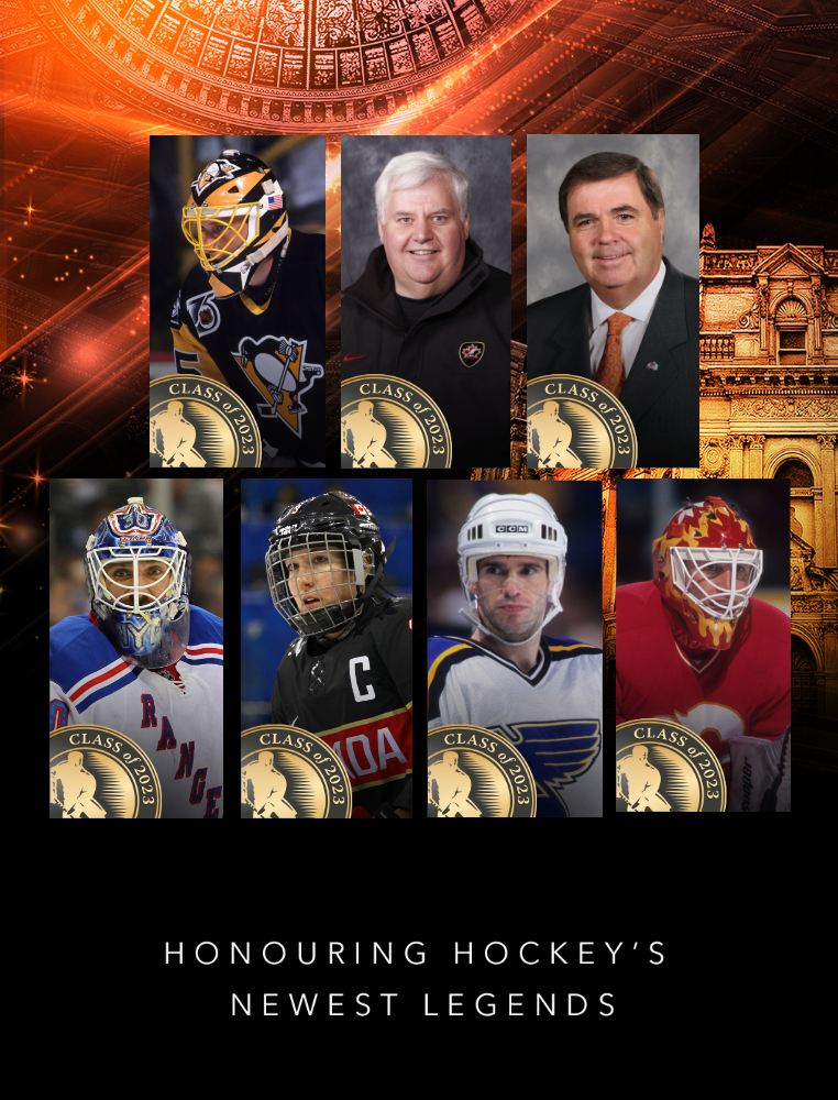 Honouring hockey's newest legends: Tom Barrasso, Ken Hitchcock, Pierre Lacroix, Henrik Lundqvist, Caroline Ouellette, Pierre Turgeon and Mike Vernon.