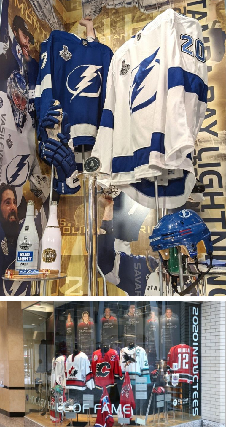 Top: Items from the Tampa Bay Lightning's 2021 Stanley Cup Champinoship on display at the Hall. Bottom:The Class of 2020 Inductee Showacse outside of Spirit of Hockey.